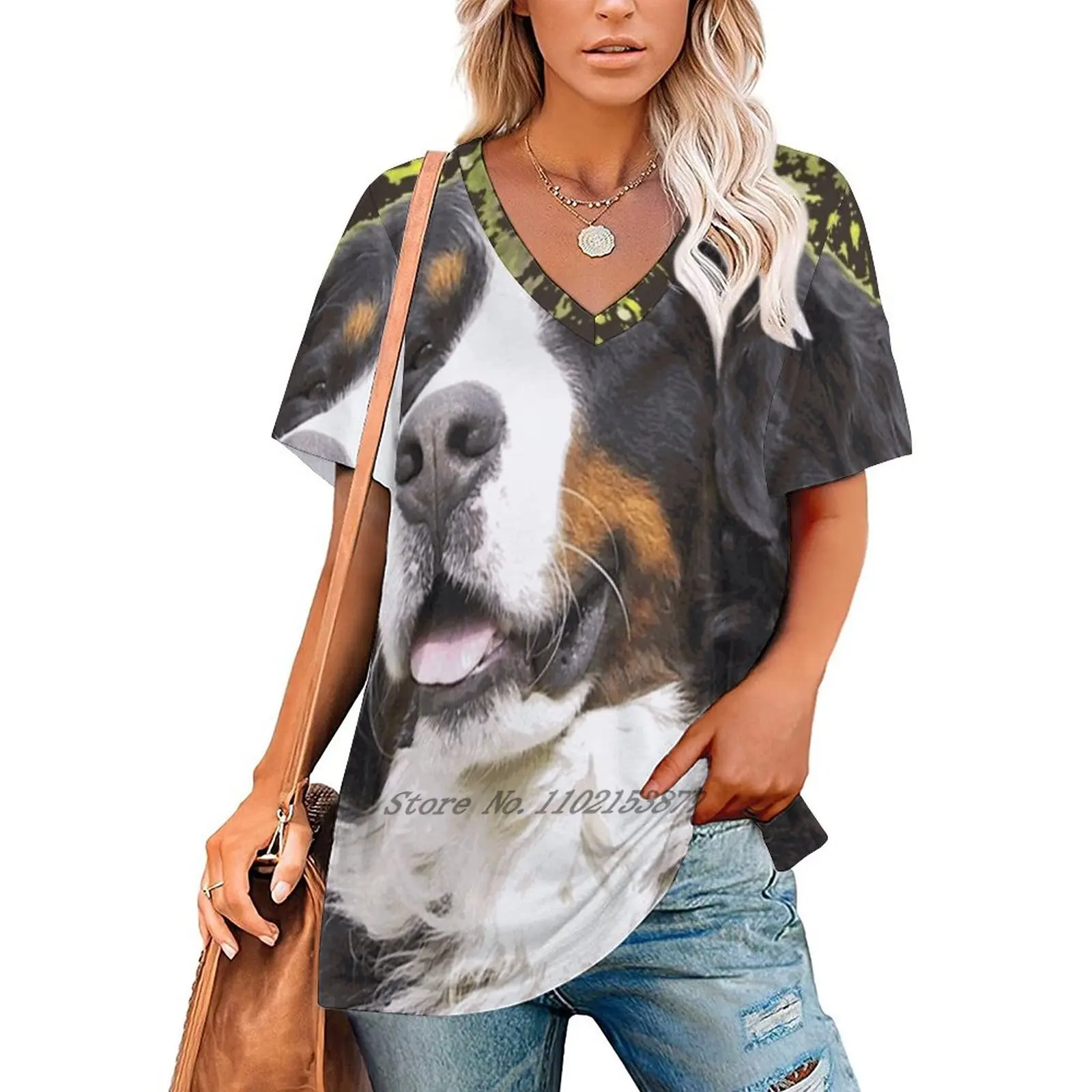 Bernese Mountain Dog Women's Clothing V-Neck Tops Zipper Tee Ladies Casual Sexy T-Shirt Bernese Mountain Dog Berner Animal Dog