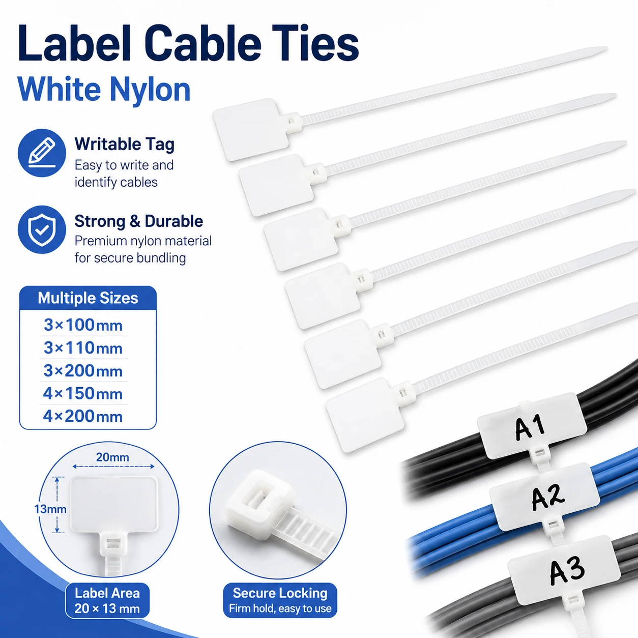 50-200Pcs Self-Locking Nylon Cable Zip Ties with Write-on Label Tag,Wire Marker for Power Cord Identification & Cable Management
