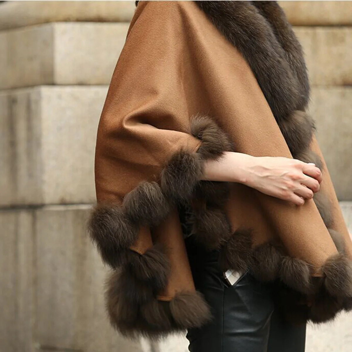 New Real Leather Wool Fur Shawl With Fox Fur Boll Collar Women's Genuine Leather Fur Shawl New Arrival Shawl For Women