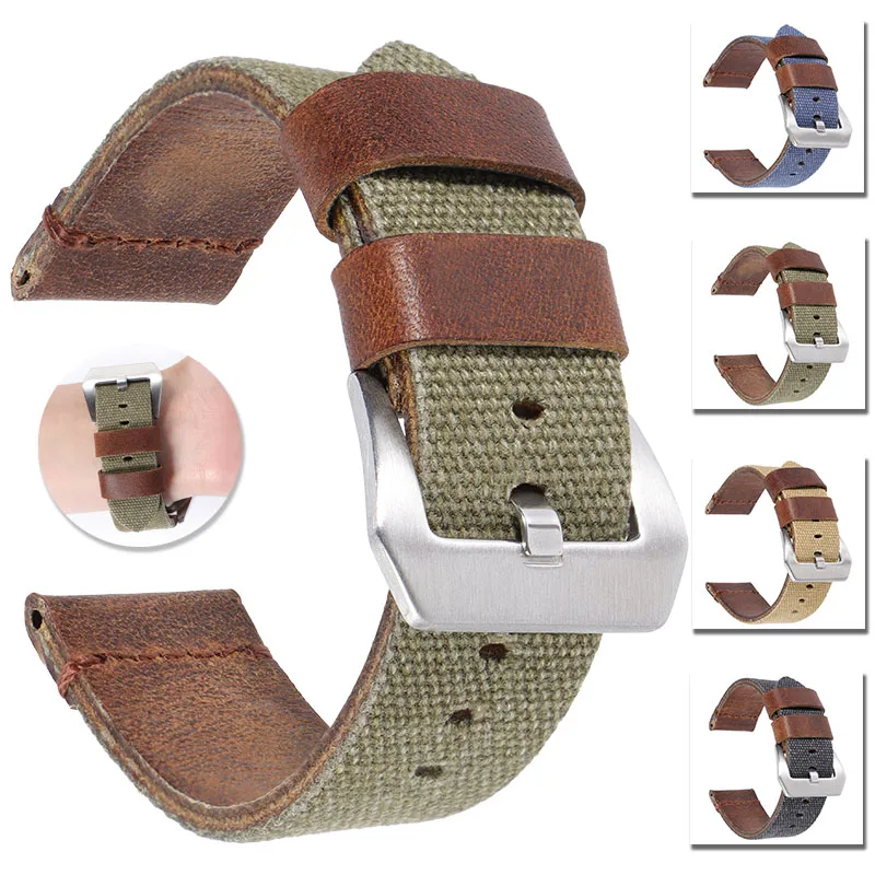 Canvas Leather Watch Band 20mm 22mm 24mm Military Style Nylon Strap for Panerai for Omega Universal Bracelet Retro Wristband