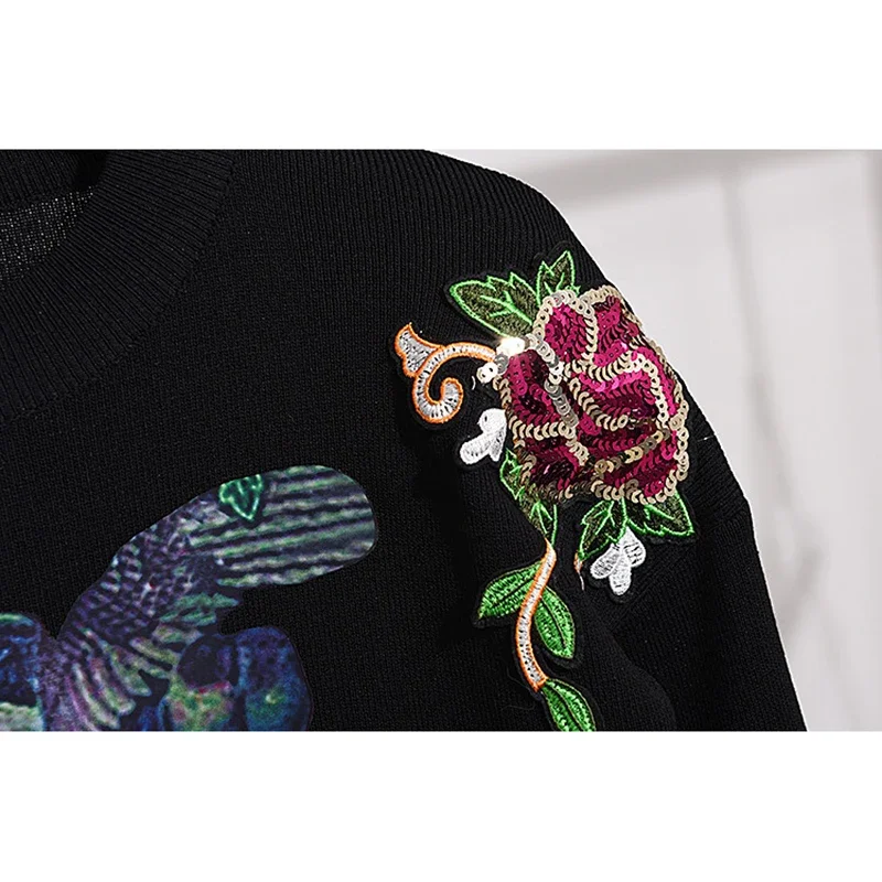 

Тяжелые рабочие вязаные спортивные костюмы с блестками и цветами, женская одежда, свободный повседневный черный пуловер, свитер, брюки-карандаш, комплект из двух предметов, женский