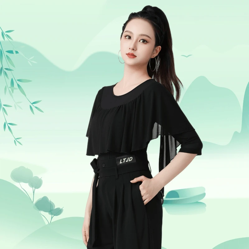 

Стильный и удобный новый облегающий женский комбинезон с рюшами для латинских танцев, тренировочная одежда для квадратных танцев, универсальный топ для танцев