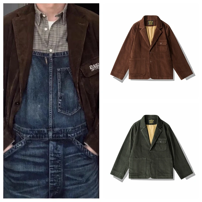 

Винтажный утолщенный вельветовый повседневный мужской костюм свободного кроя в городском стиле, модный, с длинными рукавами, однобортный пиджак на двух пуговицах