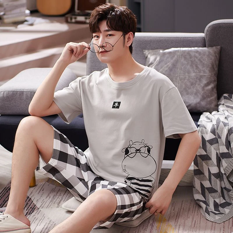 2026 Summer Short Sleeve Casual Plaid 100% Cotton Pajama Sets for Men Korean Loose Sleepwear Pyjama Male Homewear Home Clothes