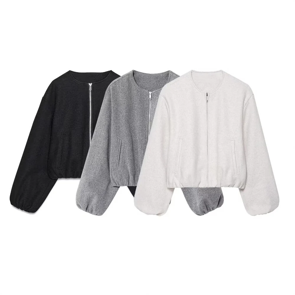 

women's new minimalist soft zipper decoration round neck long sleeved loose pocket casual pilot jacket jacket