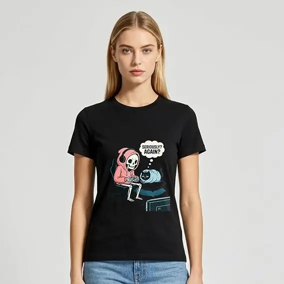 Skeleton Gaming T-Shirt mit Katzengrafik – Lustiges Gamer- & Tierliebhaber-Design, lässiges, weiches Baumwoll-Crewneck-Top für Männer und Frauen, Halloween-Kostüm – Detail 8