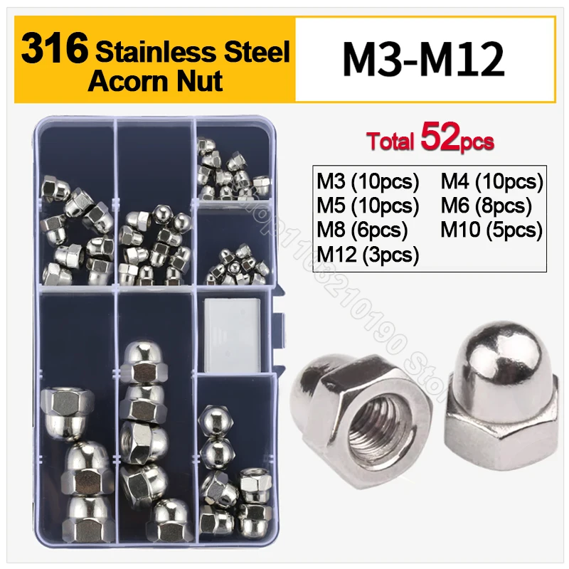 

52Pcs/set Acorn Nuts Hex Cap Nut Set M3 M4 M5 M6 M8 M10 M12 316 A4-70 Stainless Steel Blind Nut Hexagon Domed Nut Assortment Kit