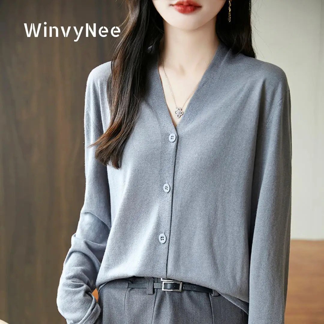 

Женский кардиган WinvyNee из камвольной шерсти с глубоким V-образным вырезом, однотонный, с длинными рукавами, весна-осень, классический, роскошный, элегантный, повседневный, B1757022