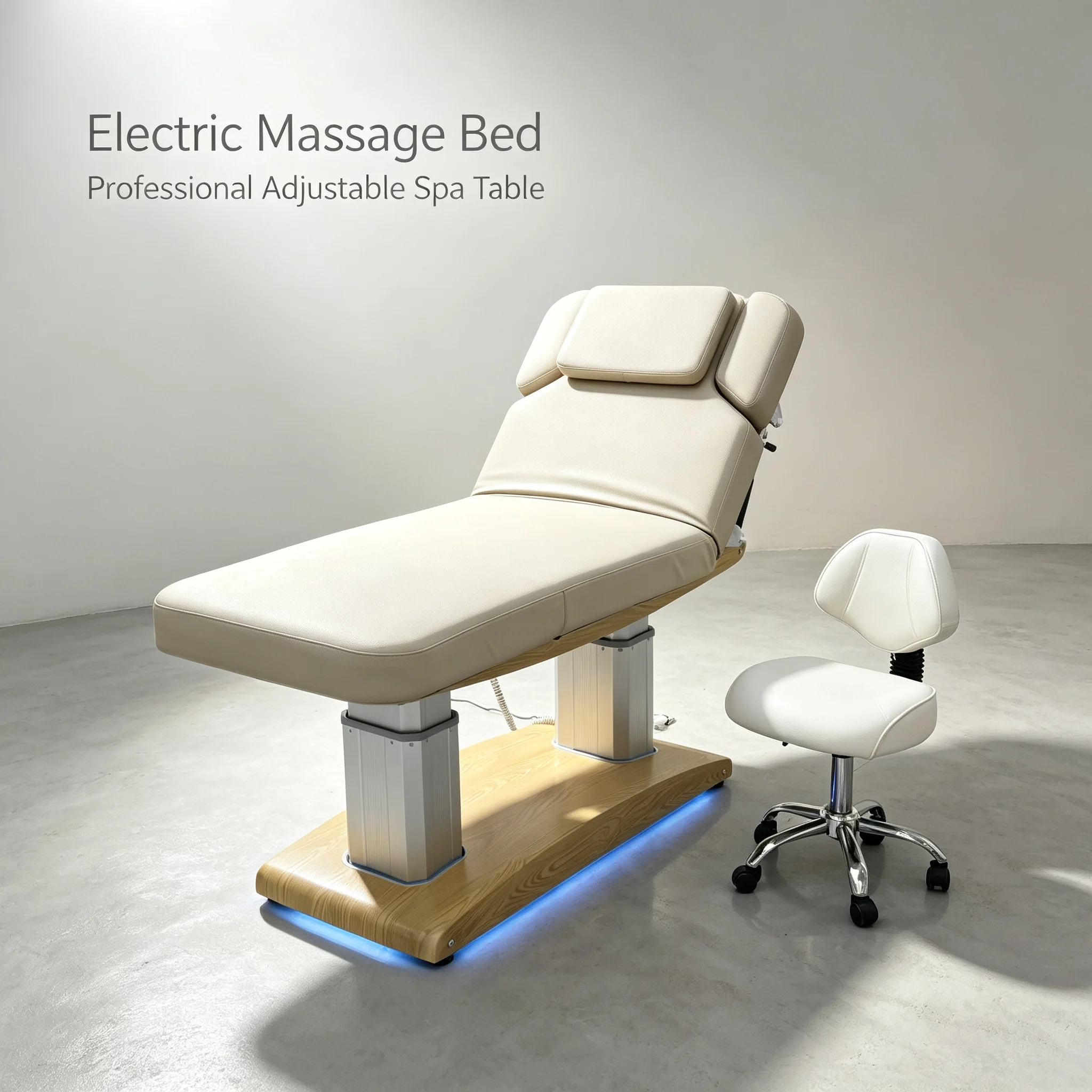 Electric Massage Table Beige Adjustable Treatment Bed Facial Spa Bed with LED Light Wood Base Dual Column Lift for Salon