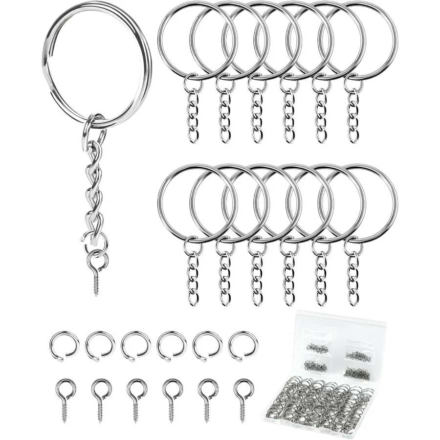 

300Pcs Key Rings Kit 100Pcs Key Ring with Chain Keyrings Kit 100Pcs Small Screw Eye Pins 100Pcs Open Jump Rings for Keychain Ma