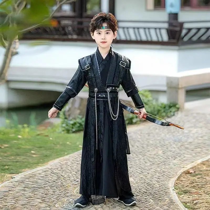 

Крутой черный костюм ханьфу для мальчиков, аниме Моран, карнавальный костюм, традиционная китайская одежда, дворцовый стиль, королевская гвардия, костюмы COS, детские костюмы Тан