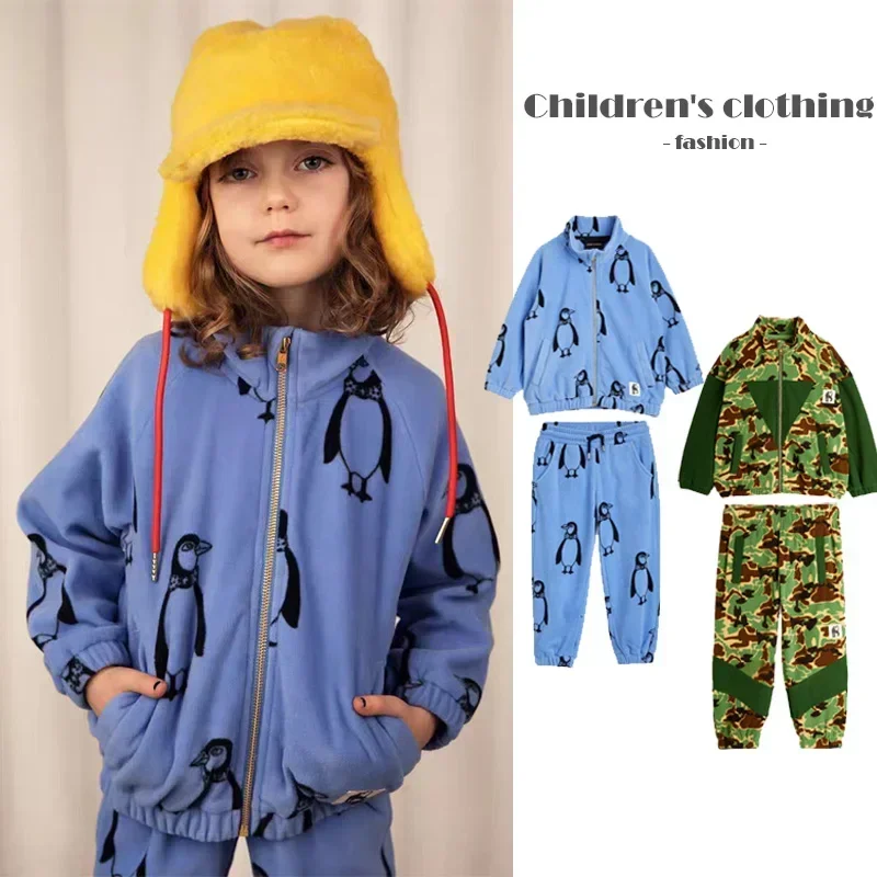 

2024 Autumn/Winter Children's Coat Cartoon Warm Fleece Jacket Boys Zipper Jacket Pants Set Girls Outerwear Children Clothing