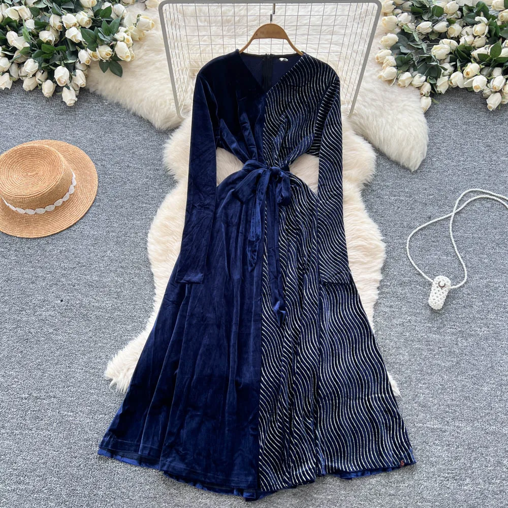 Vestido Retro elegante de terciopelo con cuello en V, manga larga, informal, de cintura alta, ropa de mujer, vestidos de ceremonia