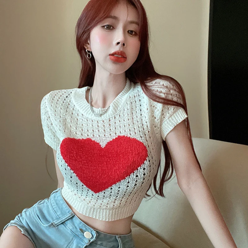 New Women Knitted Short Tops Red Heart Pattern Short Sleeve Round Neck Hollow-Out Street Style Cropped T-Shirt Sweet Casual