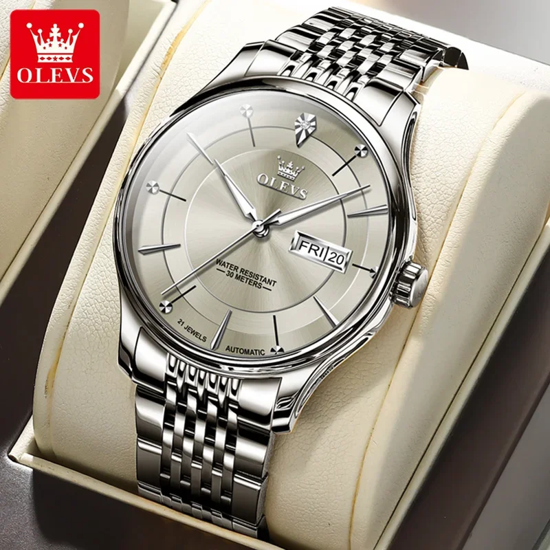 

OLEVS 9927 Fashion Mechanical Watch Stainless Steel Watchband Round-dial Wristwatch Week Display Calendar