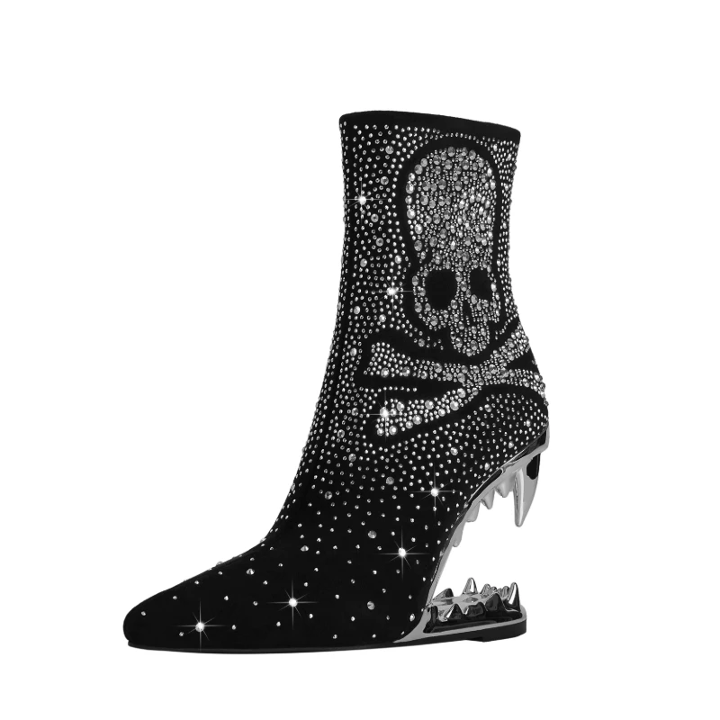 

New tiger-tooth heel Lacey patchwork skull pattern Halloween women's high-heel fashion boots