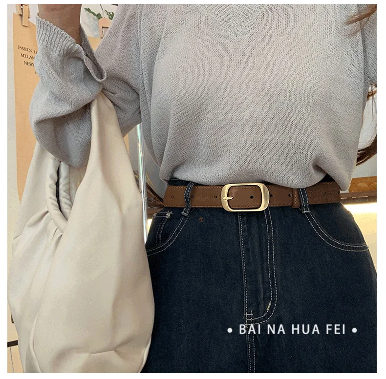 Women's Black Leather Belt Versatile High-End Retro Style Casual Waist Accessory for Jeans Summer Student Fashion