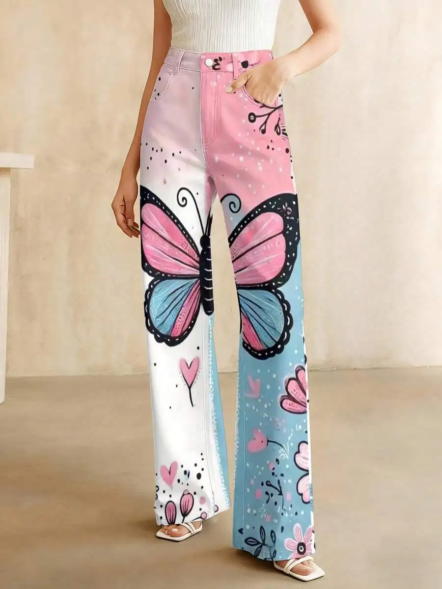2026 Summer New Styles Plus Size Floral Pattern Women's Elegant High-Waist Denim Pants Casual Straight-Leg Printed Jeans