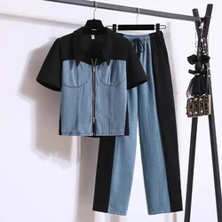 2PCS New Denim Join Together Women's Suit Summer Thin zipper Top + Wide Leg Pants 2 Piece Set Loose  Casual Lady Two-Piece Suit