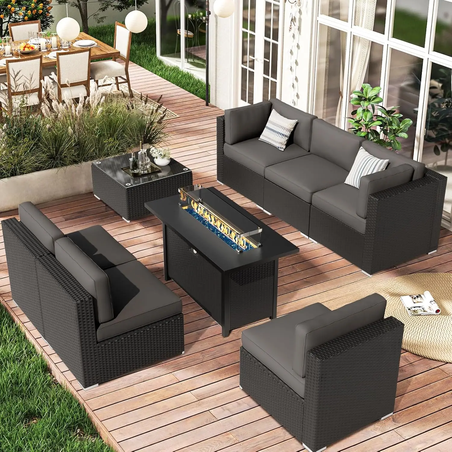 

8-Piece Outdoor Patio Furniture Sofa Set All-Weather Wicker Sectional Conversation Set with Modern Glass Coffee Table, Cushions