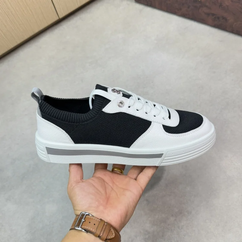 New high-quality lychee-patterned calf leather comfortable casual men's knitted sports shoes