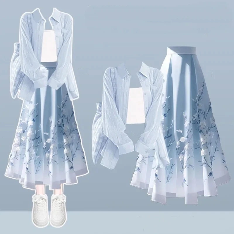 Women Spring Summer Sunscreen Shirts Sling Printed High Waist Skirts Three Piece Set Lady Thin Blue Blouse Vest Skirt Outfits