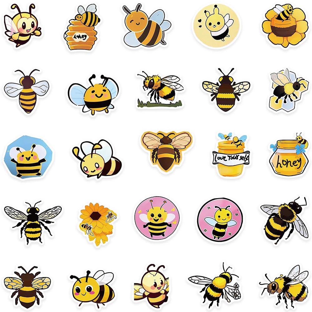 50pcs Cute Cartoon Honey Bee Vinyl Laptop Decals Insect Stickers For Luggage Phone Guitar Bicycle Car Waterproof Graffiti