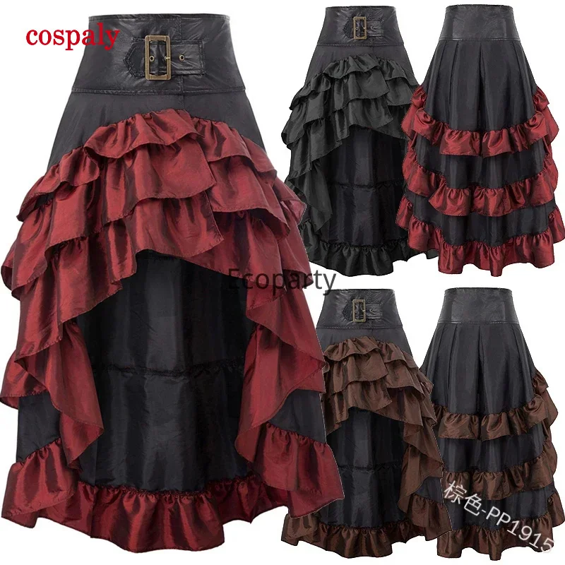 A S-5XL Victorian Ruffled Satin & Lace Trim Gothic Skirts Women Corset Skirt Vintage Steampunk Dress Pirate Cosplay Costumes