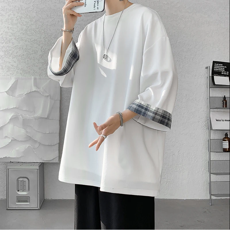 Męskie koszulki T-shirty Letnie męskie koszulki T-shirty Damskie Oversize 2XL Koreański styl Luźna koszulka w kratę Casualowa koszulka z rękawami 3/4 Męska biała