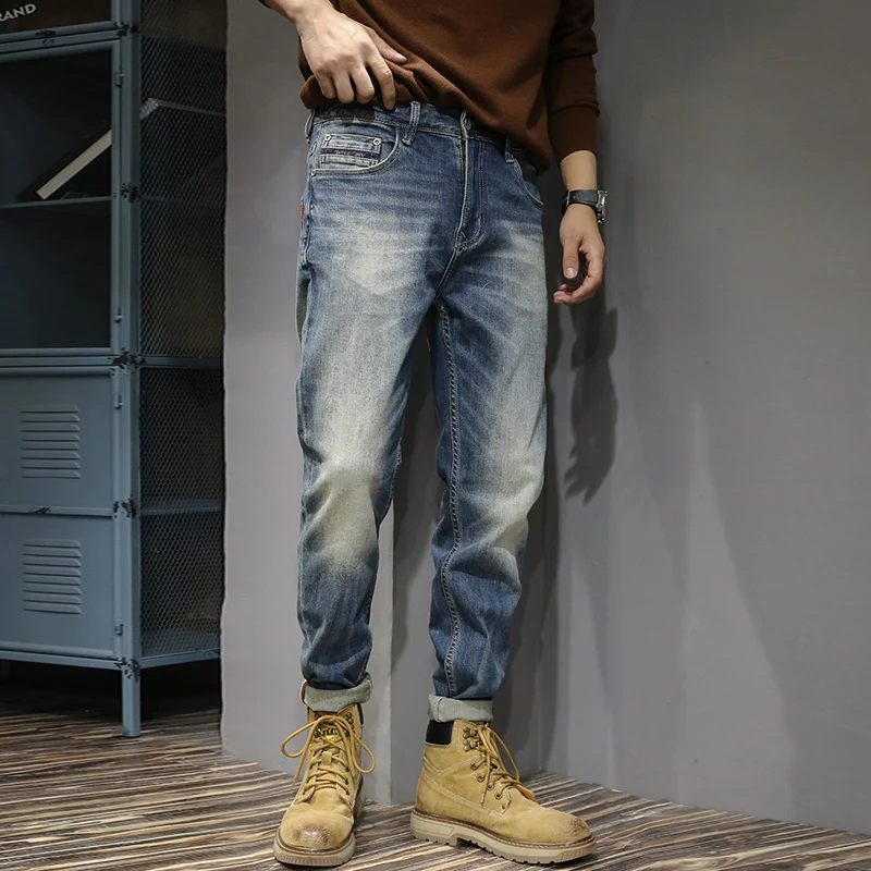 Italian Style Fashion Men Jeans Retro Blue Elastic Slim Fit Ripped Jeans Men High Quality Vintage Designer Denim Pants Hombre