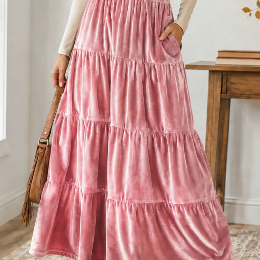 Elegant Velvet Pleated Skirt Women Casual High Waist Flowy Long Midi Skirt Soft Comfortable Solid Color Daily Apparel