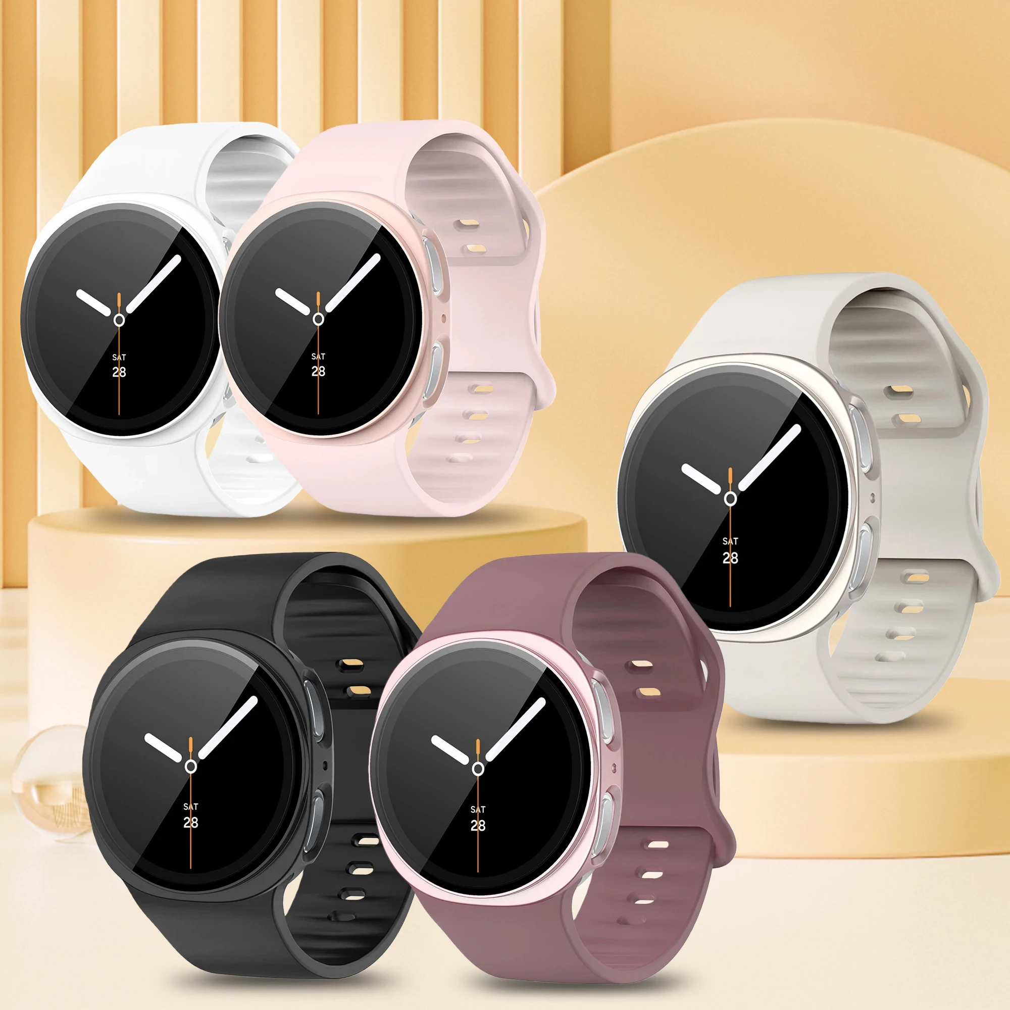 Uhrenarmband + Gehäuse aus gehärtetem Glas für Samsung Watch8 40/44 mm, weiches Sport-Silikonarmband, kratzfest und stoßfest.