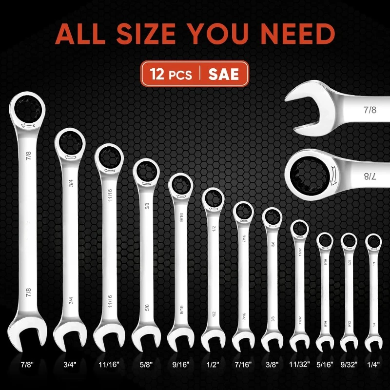 12PCS Ratcheting Wrench Set, Professional Slim Profile Mechanic Cr-V Ratchet Wrench Set with Organizer Rack 12PCS Inch