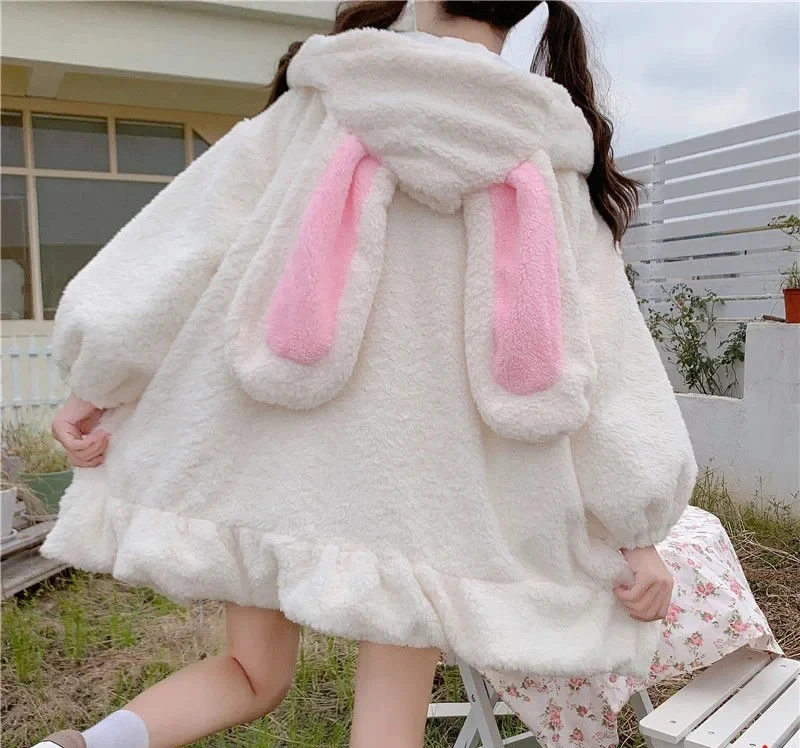 

Medium-Length Hooded Sweatshirt Women's Clothing Japanese Style Rabbit Ears Thick Winter Fleece Jacket Autumn/Winter Season