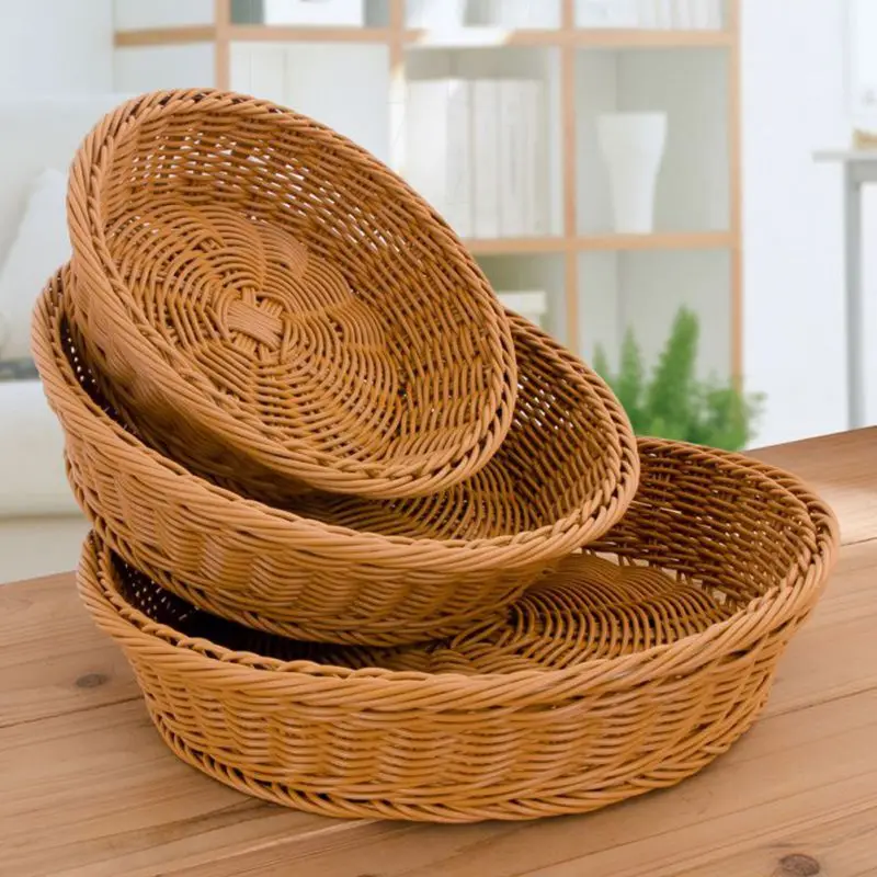 Rattan Wicker Woven Serving Baskets for Bread Fruit Vegetables Handmade Round Storage Basket Restaurant Display Rattan Basket