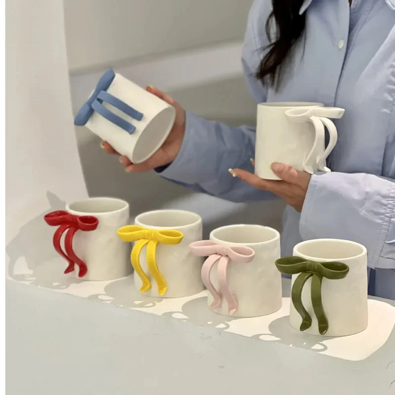 New Ins Bow Tie Handle Mug Creative Princess Ceramic Water Cup Nordic Coffee Breakfast Milk Juice  Cups Office Drinking Utensils