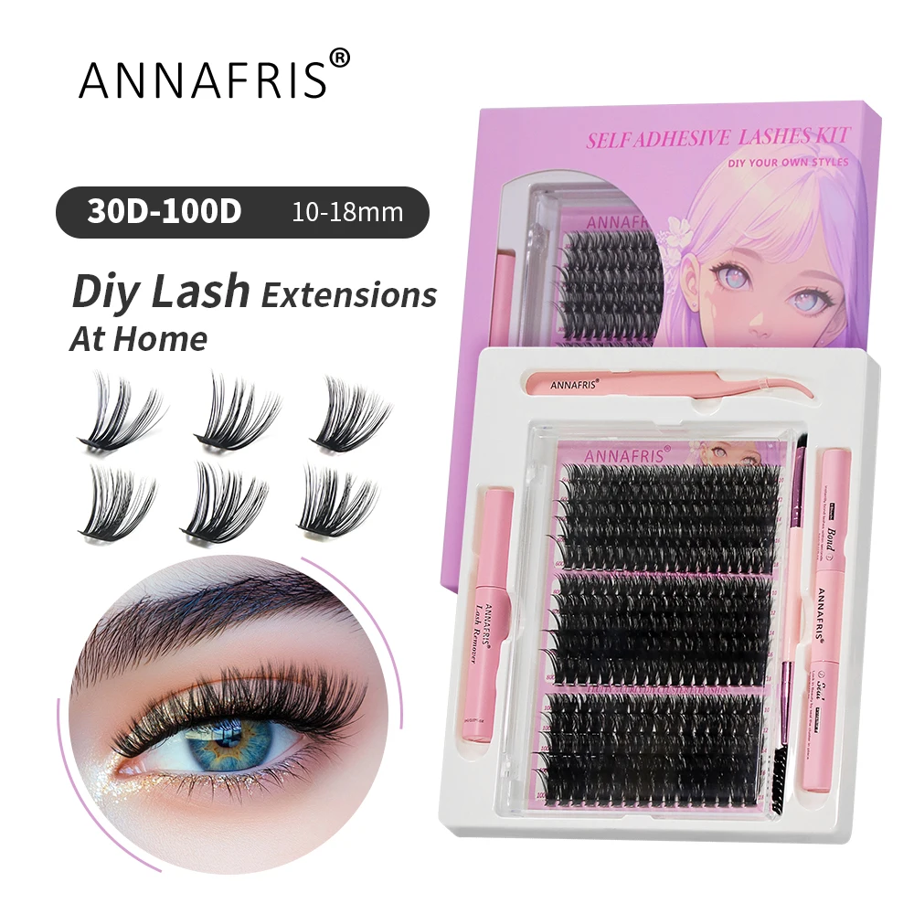 ANNAFRIS DIY extensión de pestañas mezcla de estilos grupos de pestañas individuales con removedor de unión y sellado cepillo de pestañas rs para maquillaje de autoaplicación