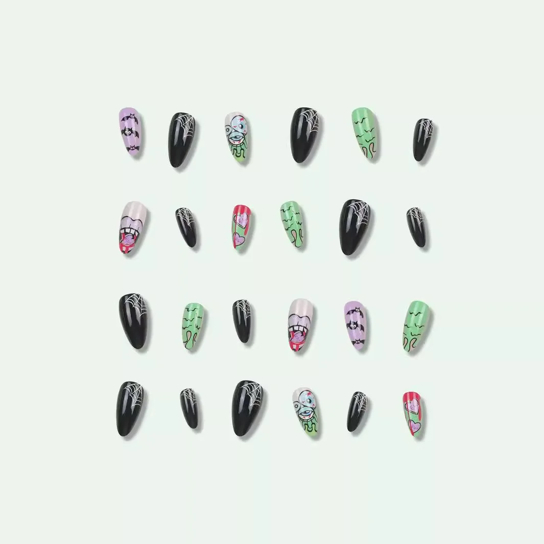 24 Stuks Halloween Graffiti Anime Stijl Nep Nagels Met Spinneweb Ontwerpen Druk Op Nagels Lange Amandel Franse Valse Nagels Afgewerkte Nagels