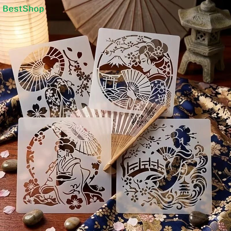 ☪4Pcs Reusable Japanese Geisha Cherry Blossom Mount Fuji Stencils For DIY Home Wall Fabric Painting