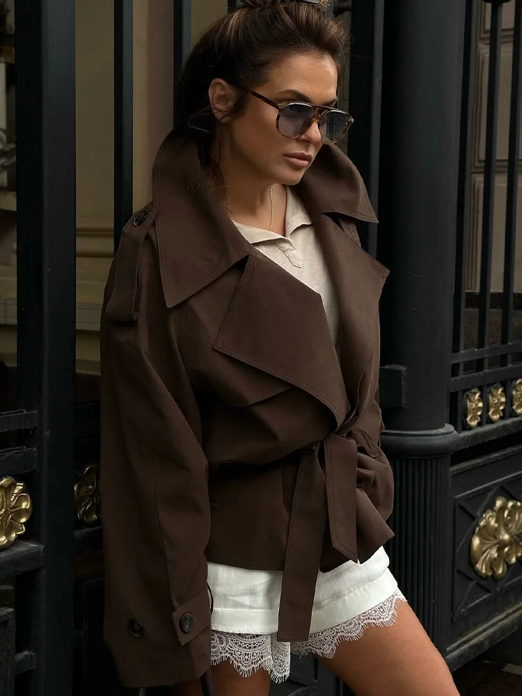 HH المرأة الخريف الرجعية جيب العصرية سترة طويلة الأكمام مع حزام تزيين المرأة زر بدوره إلى أسفل طوق الصلبة معطف قصير #4