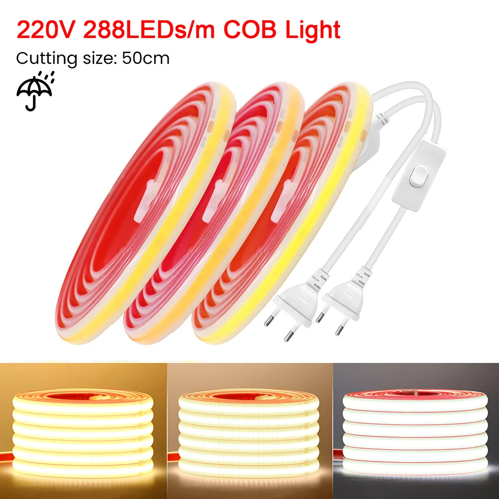 220V Switch COB LED Strip Light Flexible Adhesive Tape EU Power Plug Kit 288LED 5m 10m 20m 30m 0.5m 3000K 4000K 6000K Waterproof