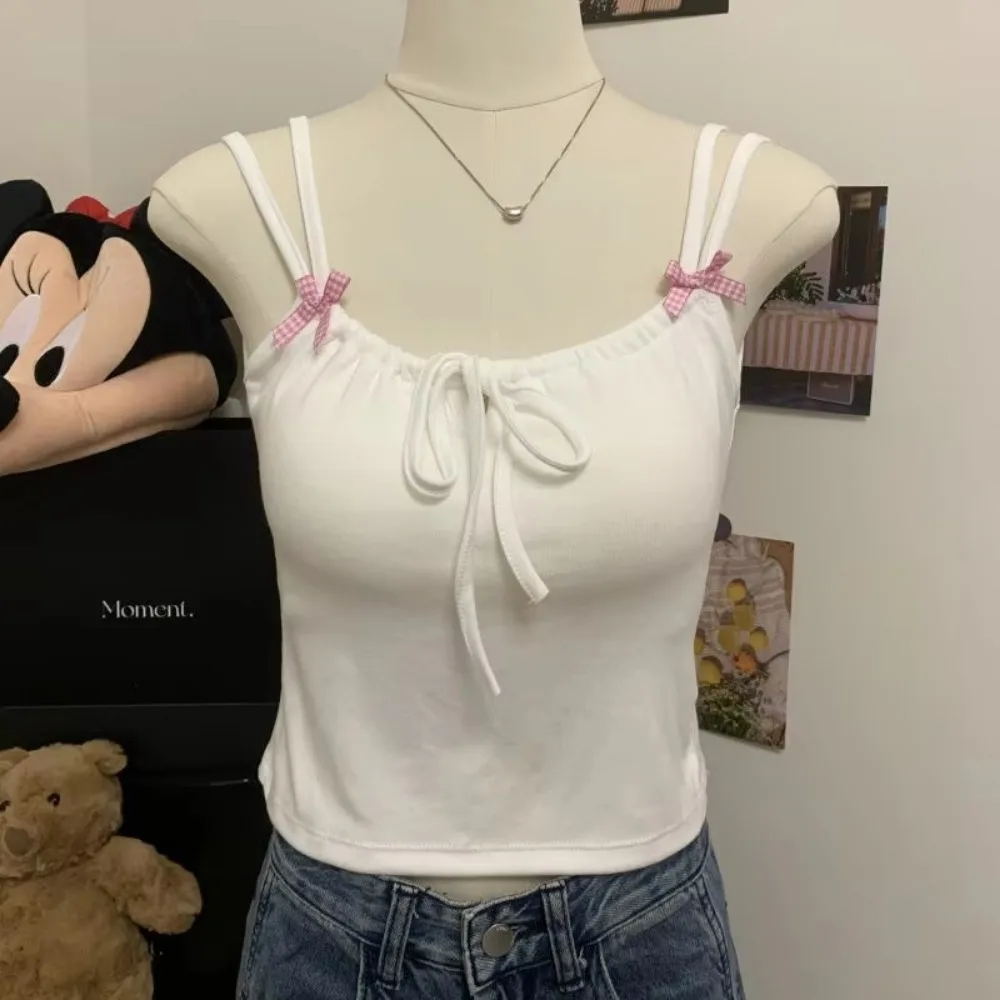 قميص قصير نسائي صيفي أنيق بدون أكمام مع وسادة صدر تانك القمم السباغيتي حزام القوس المحاصيل القمم كاميس سليم