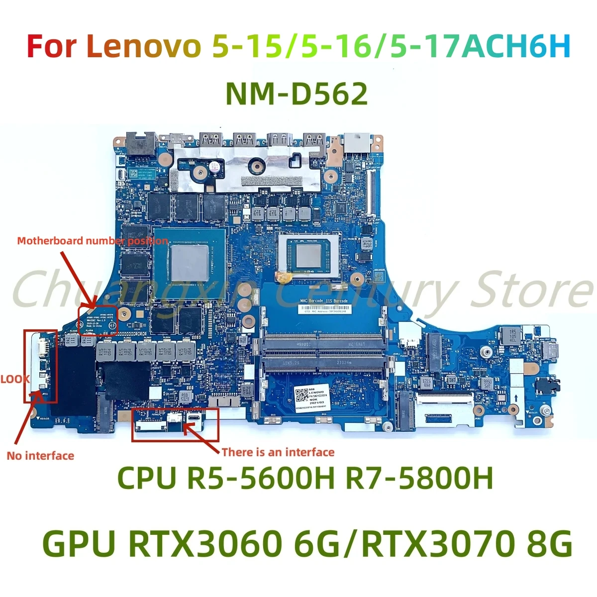 

Материнская плата NM-D5662 подходит для ноутбука Lenovo 5-15/5-16/5-17ACH6H, процессор R5-5600H R7-5800H, графический процессор RTX3060 6G/RTX3070 8G