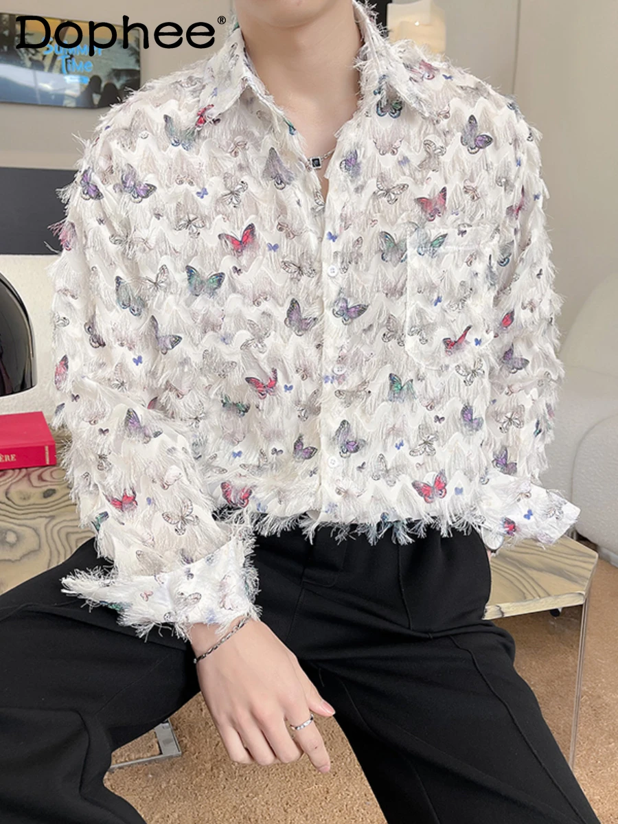 Furry Tassel Design Butterfly Decoration Long-Sleeved Shirts Men's High-End All-Match Loose Casual Fashion High Street Top