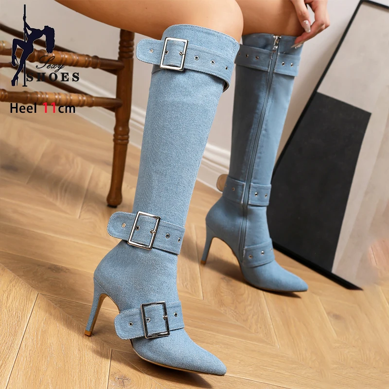 Plus Size 36-43 Women Denim Long Boots Side Zipper 11CM High Heels Fashion Buckle Runway Shoes Woman Pointy Toe Knee-high Boots image 3