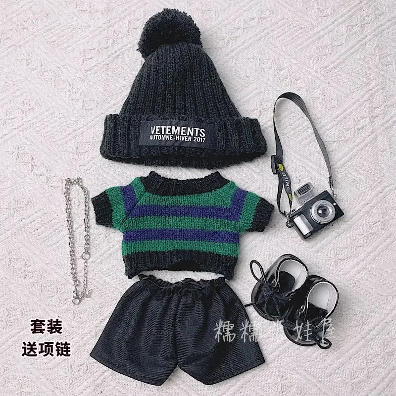 

Doll Accessories 20cm Doll Clothes Spot Cool Green Sweater Boyfriend Wind Cotton Doll Dress Camera Black Cap Fat Body Can Wear