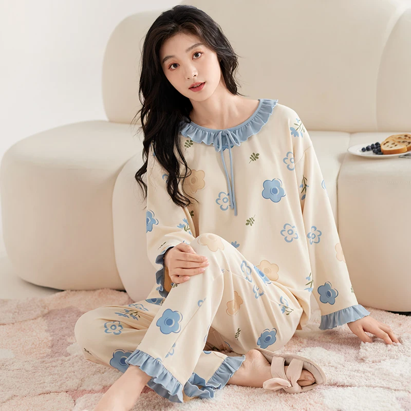 Blue Flower Pajamas Set Women Sleepwear Long Sleeves Long Pants Autumn Winter Cute Pijamas Cozy Pyjamas Soft Pj Girls Kawaii Pjs