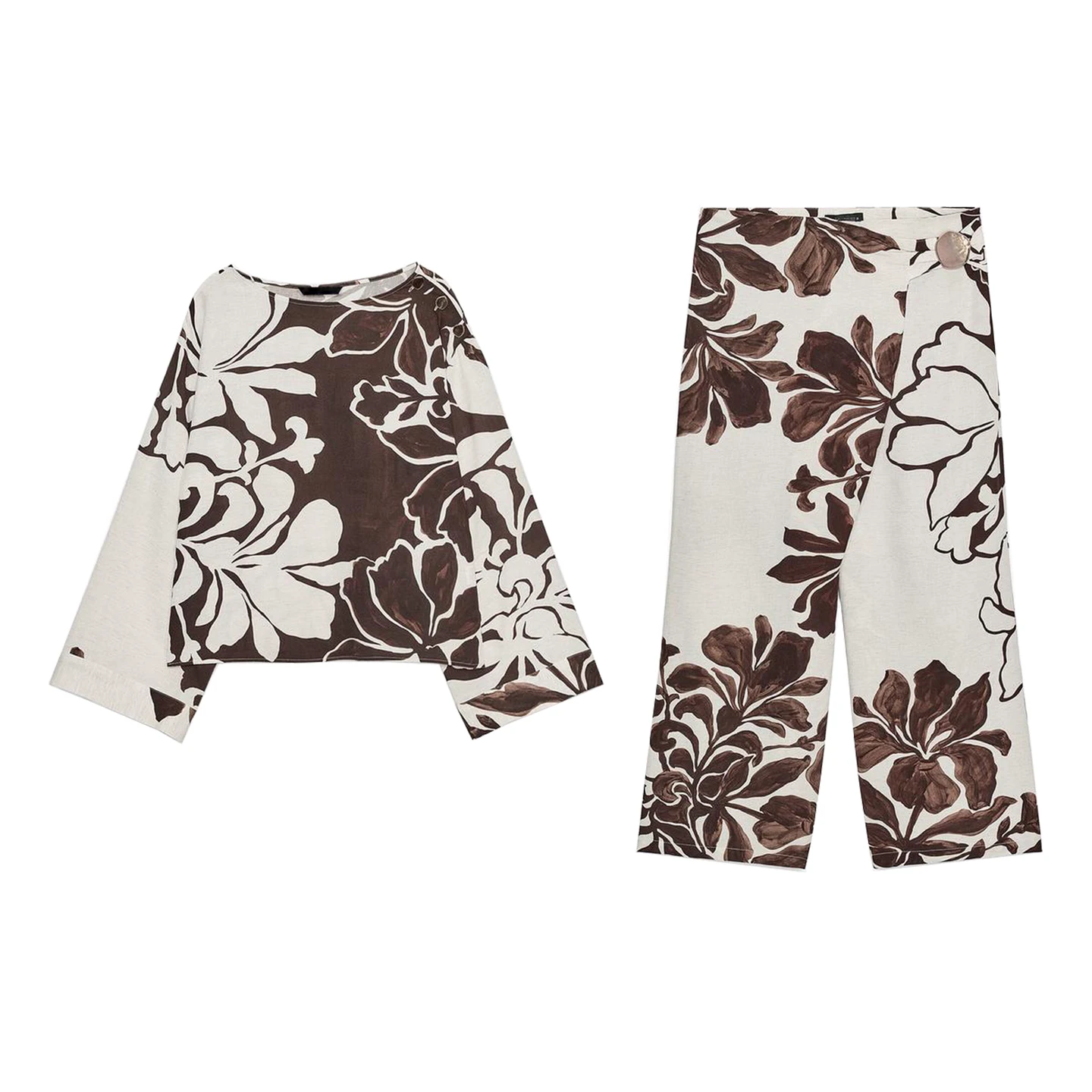 طقم ملابس نسائي عصري مطبوع عليه زهور برقبة دائرية وأكمام طويلة وواسع مع بنطلون طويل للخريف ملابس كاجوال للبالغين