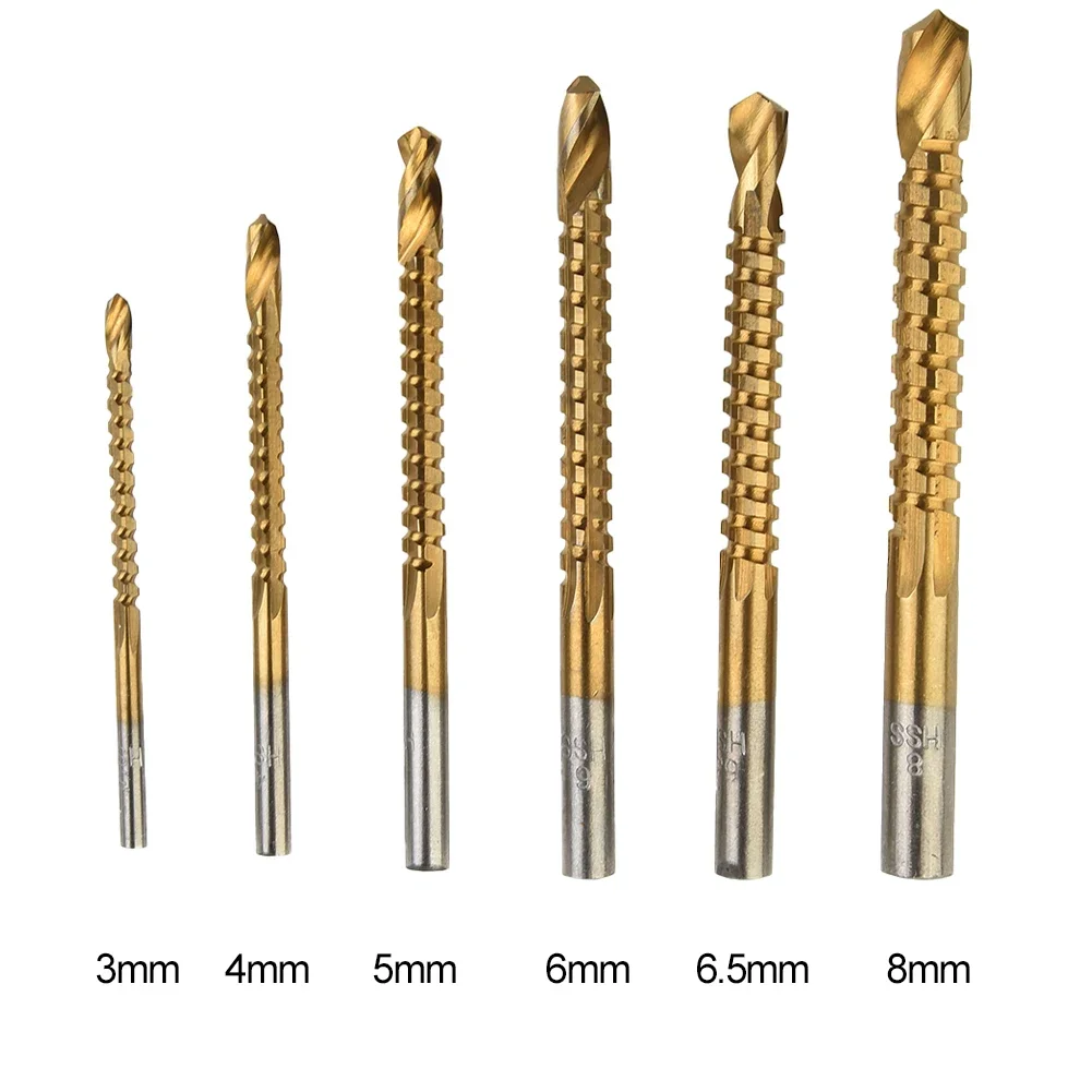 For Thin Wood Metal Plastic Plates Pull Grooving 6pcs HSS High Speed Steel Treatment Titanium Coated Drill Bits 3/4/5/6/6.5/8mm