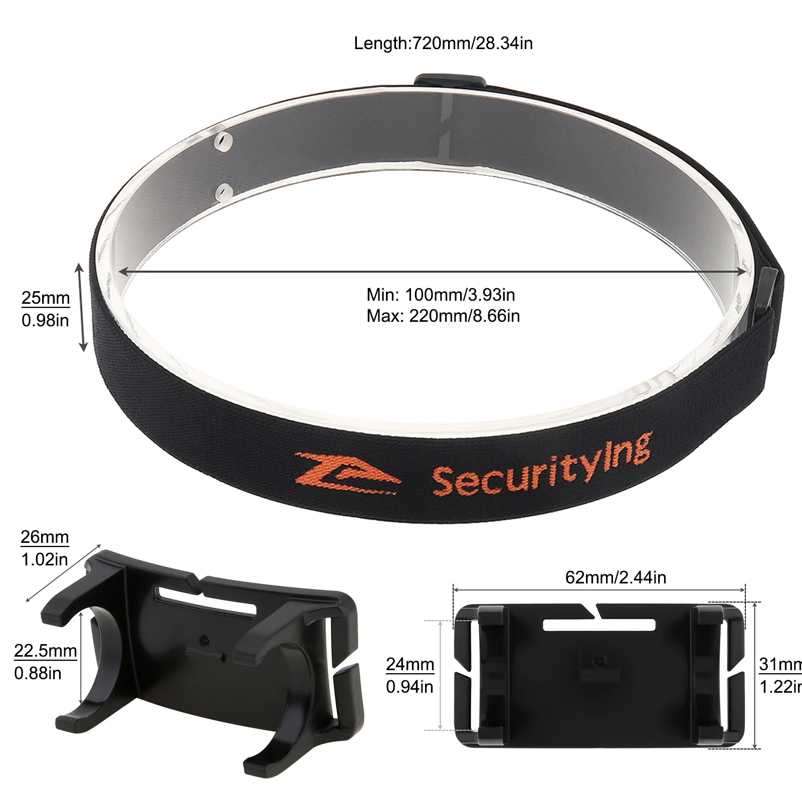 SecurityIng Elastic Headband Adjustable Headlight Strap for 22-26mm Torch Headlight with 2pcs Headlight Bracket, Head Lamp Strap
